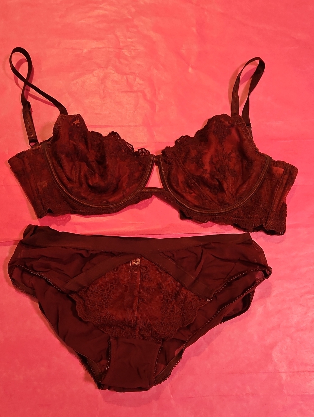Free People Underwire Lace Bra With 2 Pairs Matching Lace Panties - Wine 0251